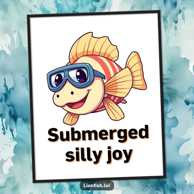 Funny giggling lionfish poster featuring tiny goggles, diving joyfully, adding a touch of aquatic humor to any wall.