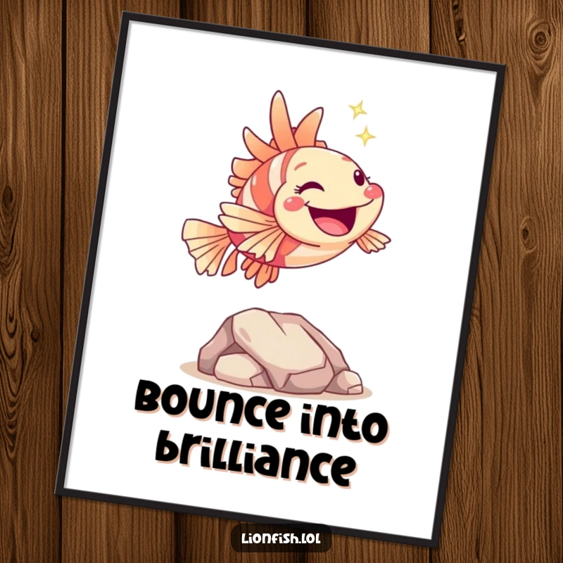Funny hopping lionfish poster, illustrating a joyful character leaping over a rock with a sparkle, adding a humorous and dynamic ocean theme to walls.
