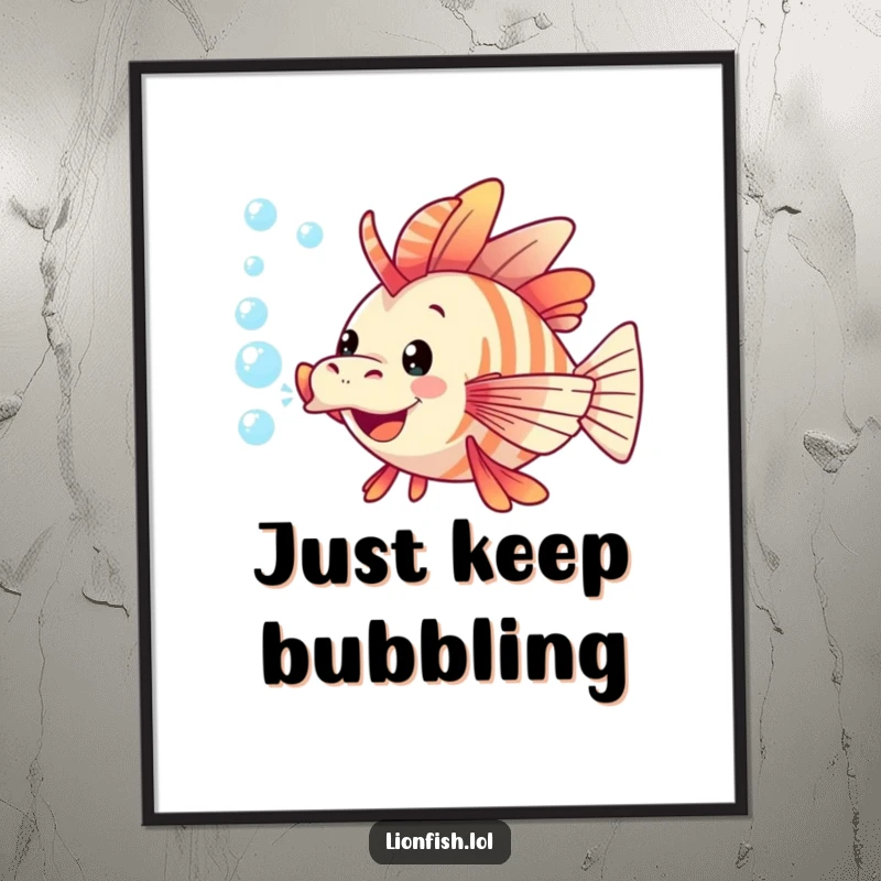 Funny lionfish poster showcasing a bubbly lionfish, its fins spread as it gleefully exhales a trail of shimmering bubbles.