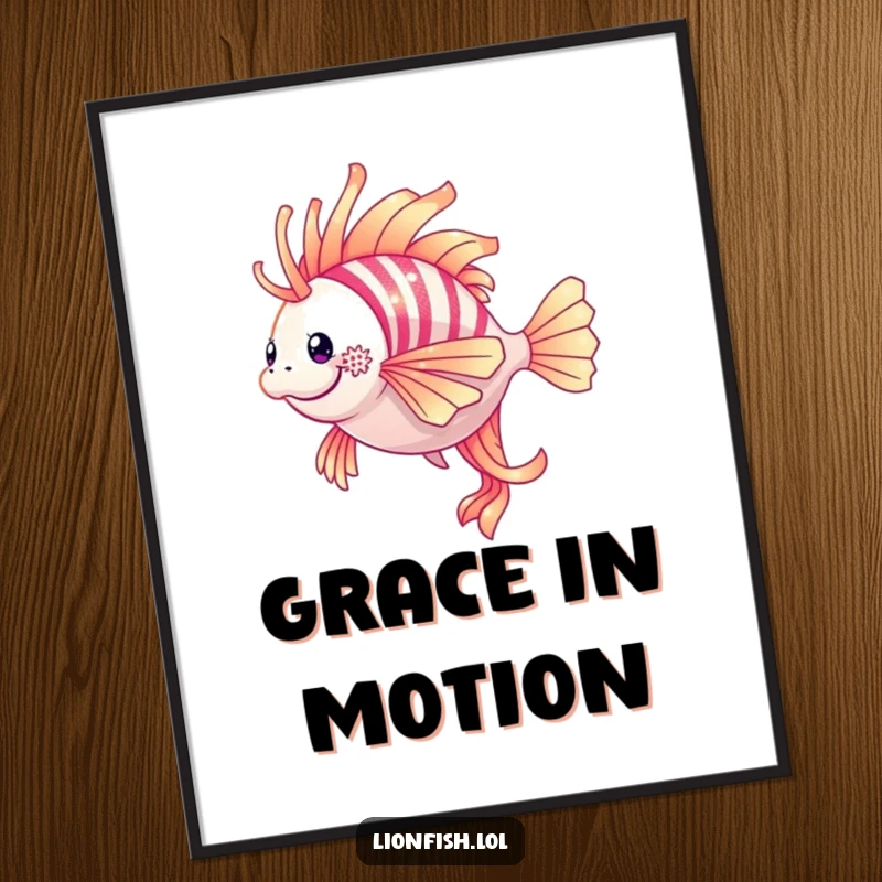 Funny lionfish poster showcasing a shimmering lionfish in a dynamic, graceful twirl, its fins creating beautiful patterns.