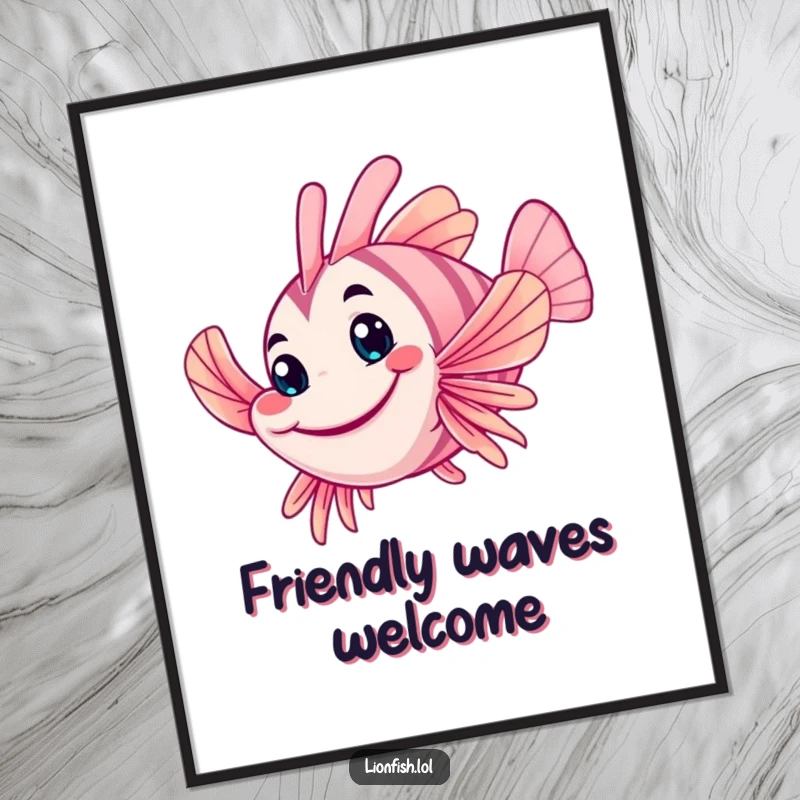 Funny wobbly lionfish poster, illustrating a friendly grin and waving fin, adding a humorous and welcoming ocean theme to walls.