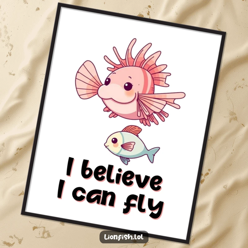 Funny lionfish poster showcasing a happy lionfish in a dynamic leap over a smaller fish underwater.