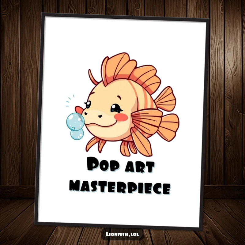 Funny playful lionfish poster, vibrant artwork of a fish nudging a sparkling bubble, adding a touch of underwater merriment.