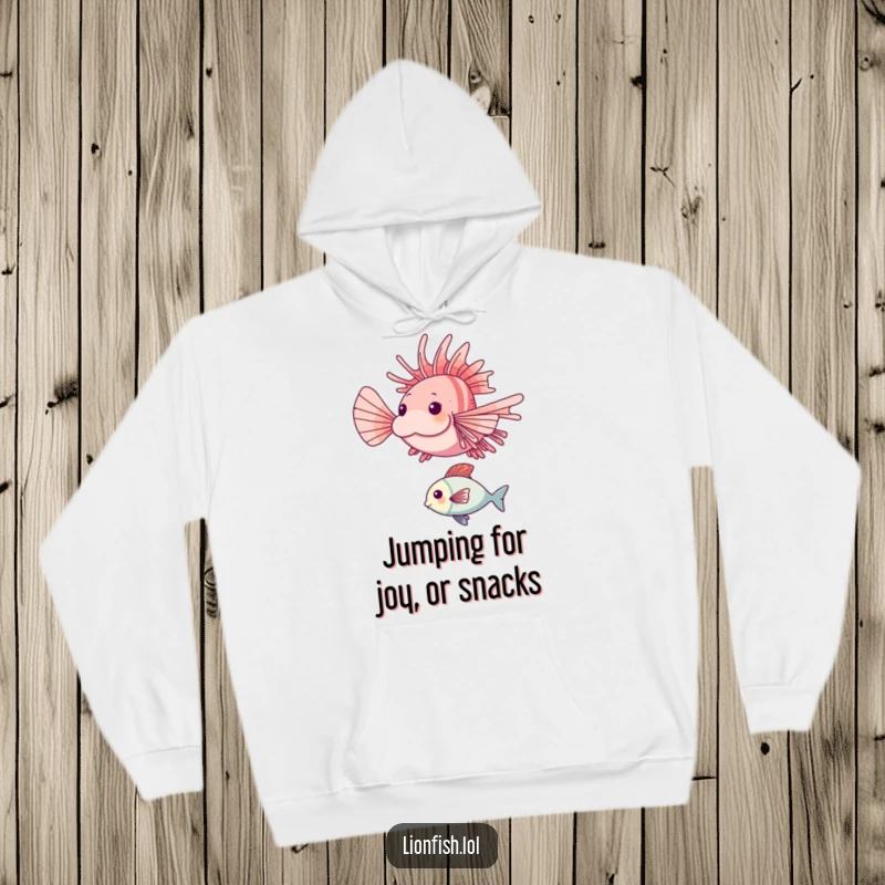 Funny lionfish hoodie design featuring a happy lionfish energetically leaping over a smaller fish, full of underwater joy.