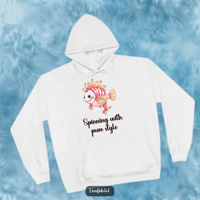 Funny lionfish hoodie design featuring a shimmering lionfish elegantly twirling, radiating grace and underwater beauty.