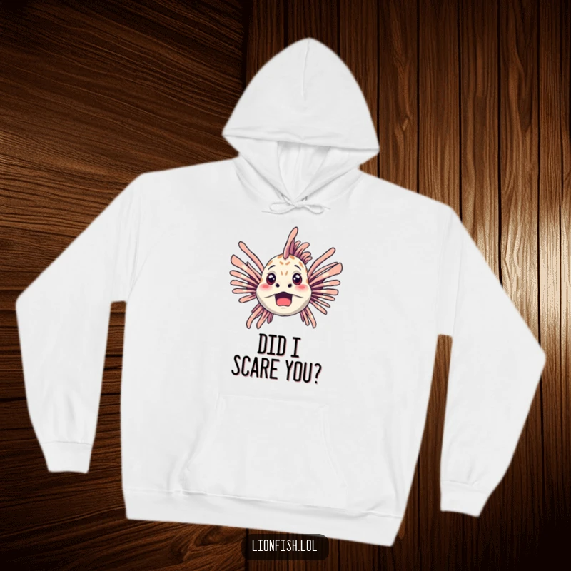 Funny lionfish hoodie design featuring a startled lionfish with its fins fanned out wide in an amusing display.
