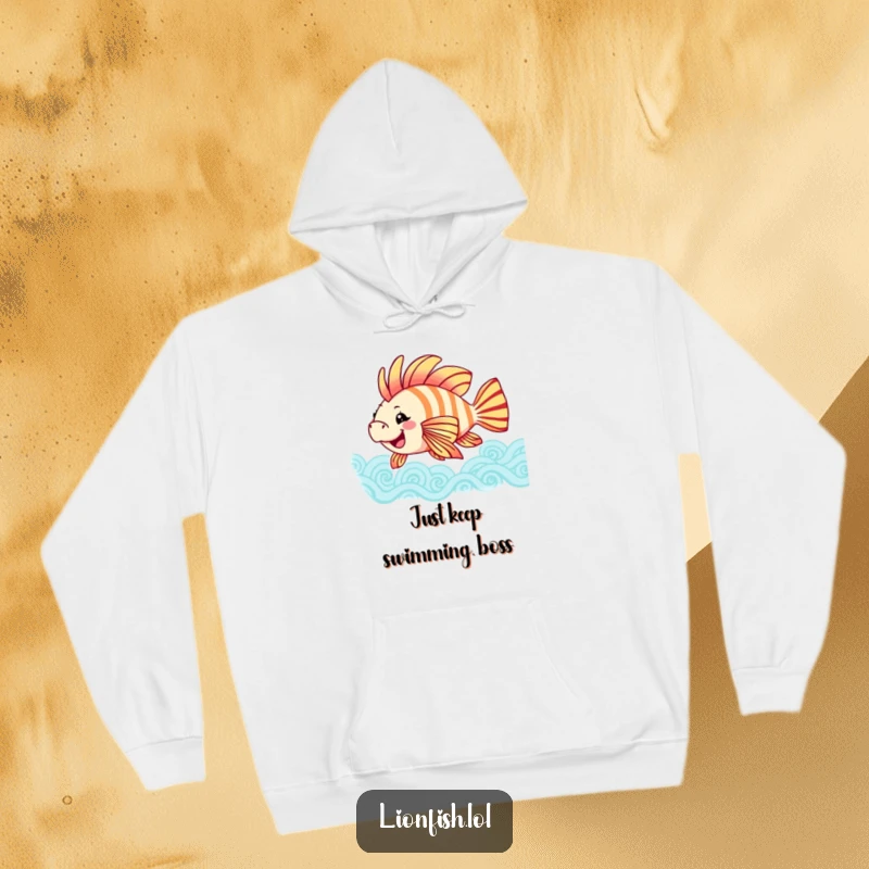 Funny joyful lionfish hoodie featuring a happy fish swaying colorful fins in patterned blue waves, offering cozy comfort and underwater cheer.