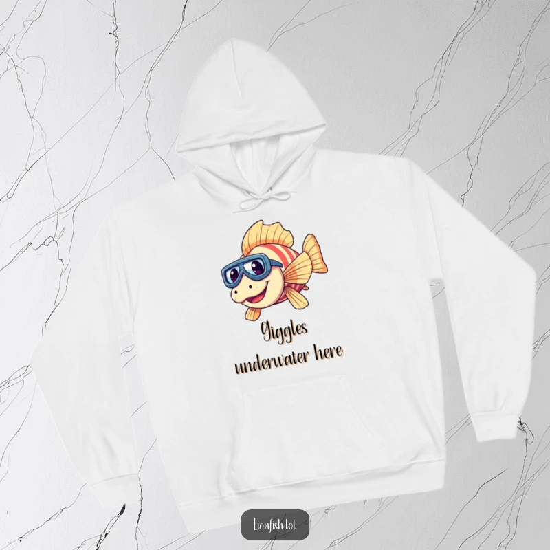 Funny giggling lionfish hoodie with tiny goggles, captured mid-dive, radiating cheerful underwater vibes and infectious humor.