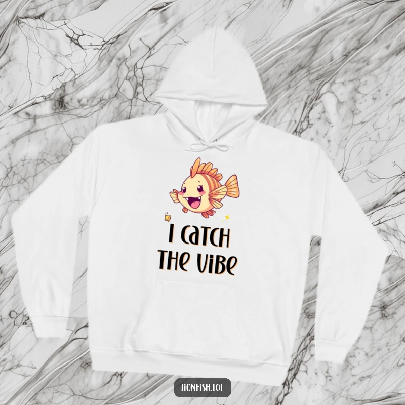 Funny cheerful lionfish hoodie, featuring a fish excitedly chasing a tiny twinkling speck, offering cozy warmth and pure joy.