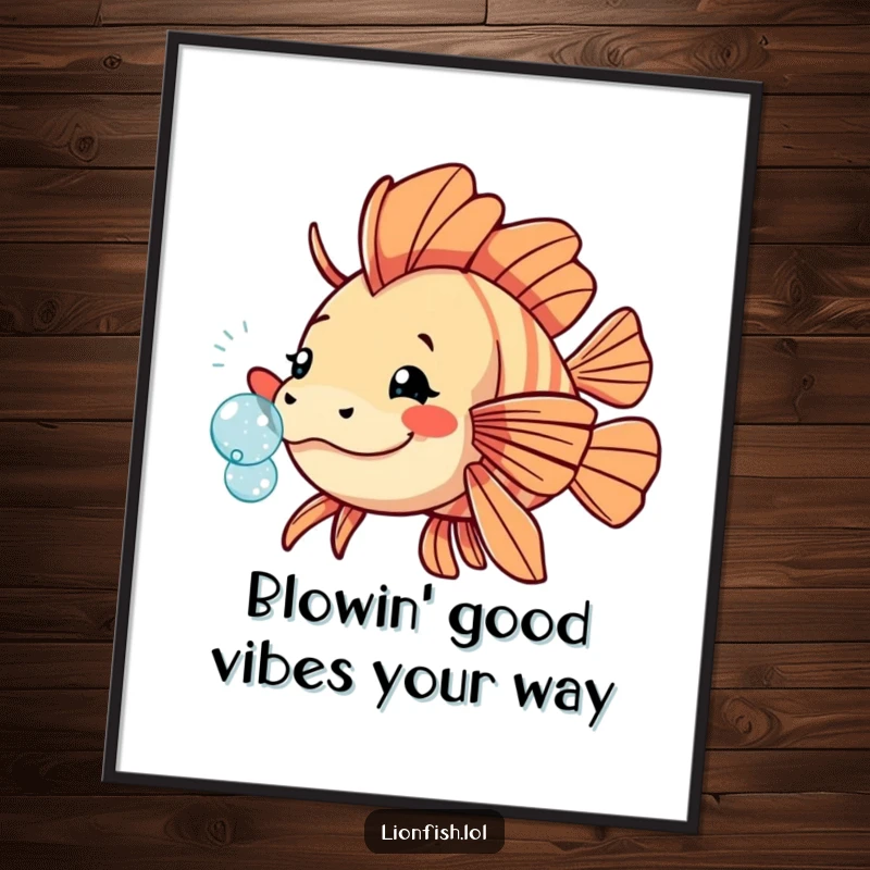 Funny free printable wall art of a playful lionfish nudging a small, sparkling bubble, creating a lighthearted and cheerful underwater scene.