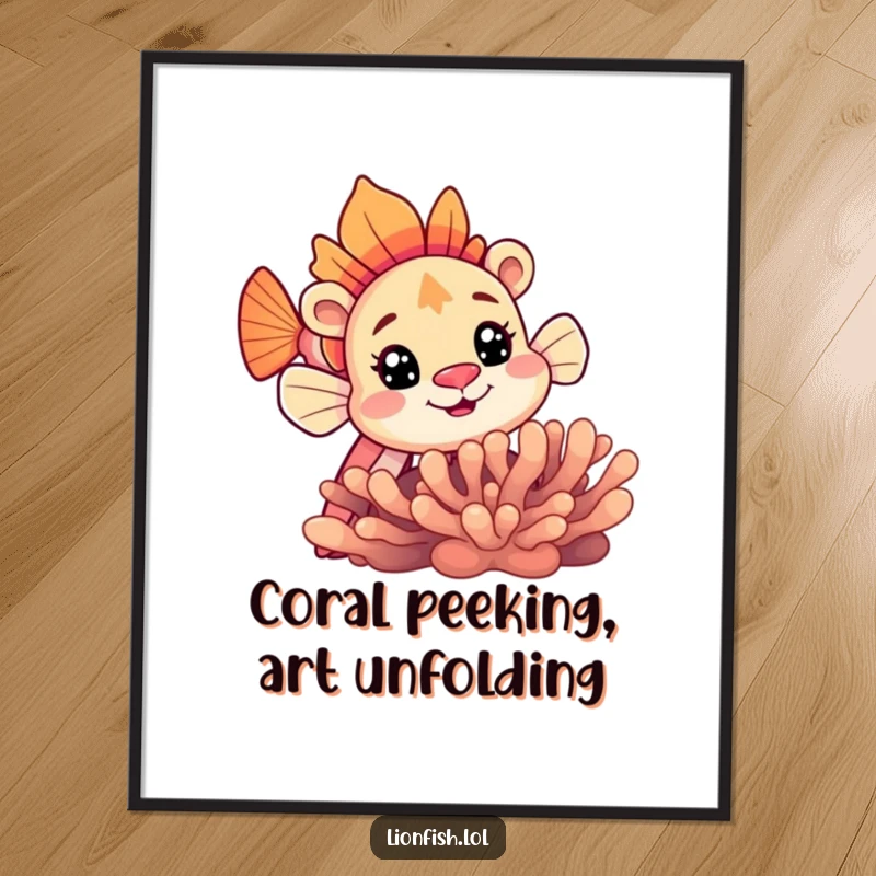 Funny Free Printable Wall Art: A curious lionfish with wide eyes peeking out from behind colorful, textured coral.