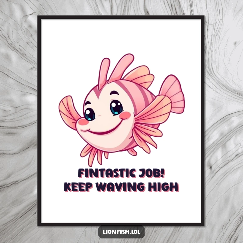 Funny Free Printable Wall Art: A wobbly lionfish with a friendly grin waving one of its fins, exuding charm.
