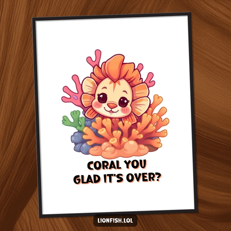 Funny free printable wall art of a curious lionfish peeking from behind vibrant coral, adding a playful and humorous underwater scene.
