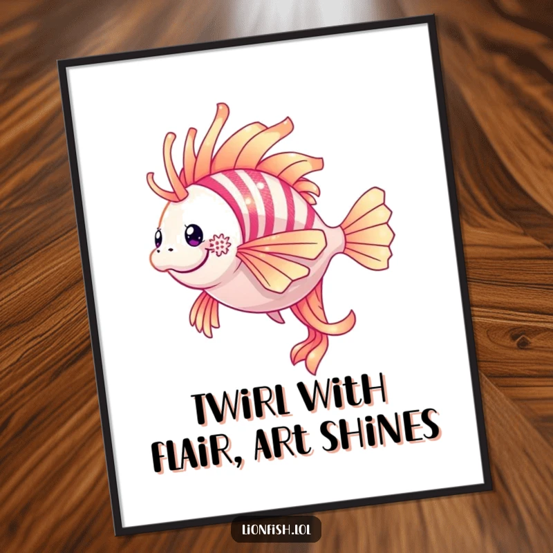 Funny Free Printable Wall Art: A dazzling lionfish in a graceful twirl, its scales shimmering with vibrant underwater light.