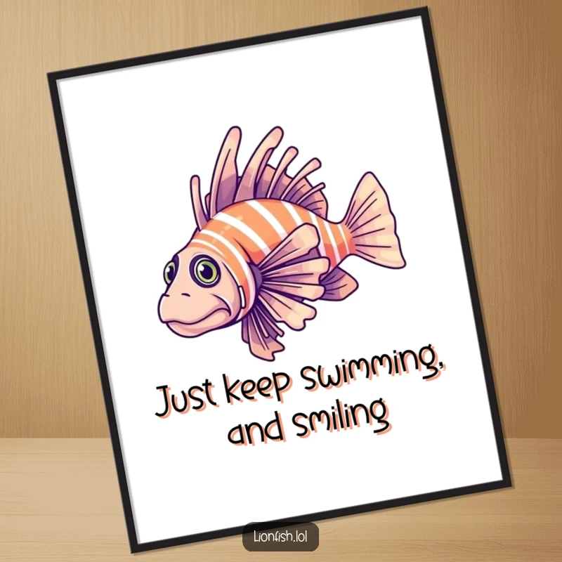 Funny free printable wall art of a determined lionfish elegantly gliding through clear blue water, creating a chic and humorous underwater display.