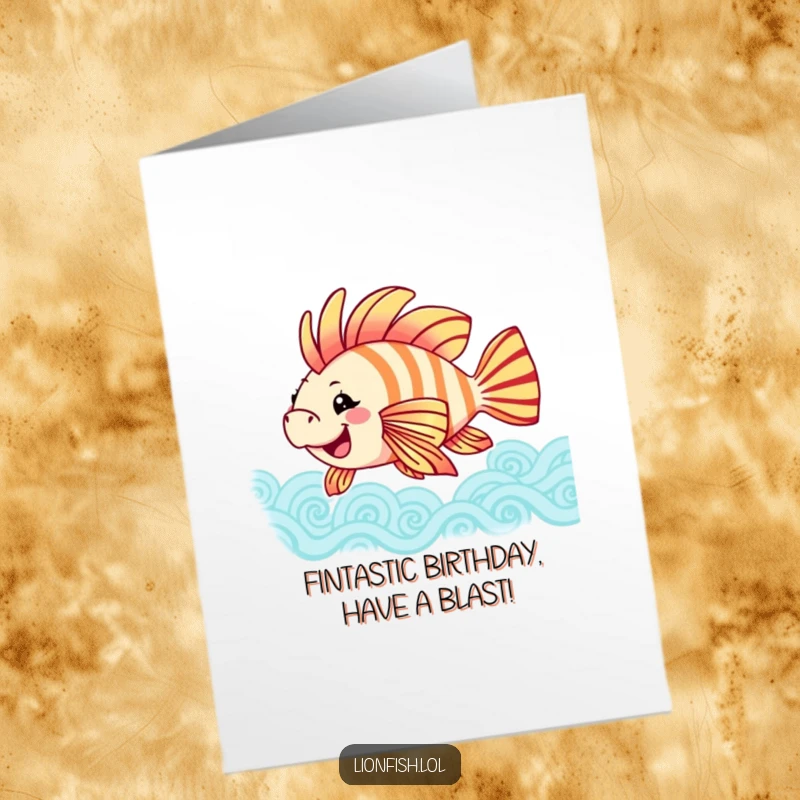 Funny free printable birthday card featuring a joyful lionfish gently swaying colorful fins in patterned waves, ready to celebrate.