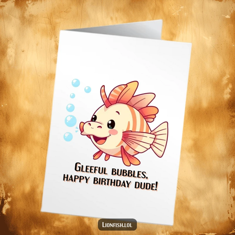 Funny Free Printable Birthday Card: A cheerful lionfish joyfully blowing a stream of bubbles, ready to celebrate.