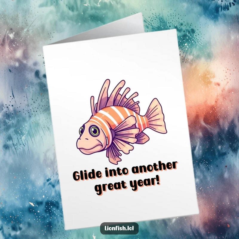 Funny free printable birthday card featuring a determined lionfish elegantly gliding through clear blue water, celebrating with grace.