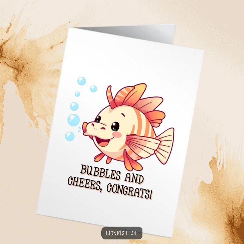 Funny Free Printable Congrats Card: A playful lionfish exuberantly blowing underwater bubbles, perfect for celebrating achievements.