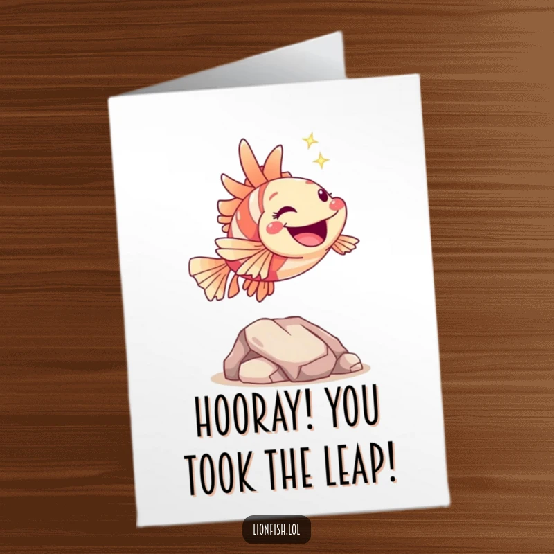 Funny Free Printable Congratulations Card: A joyful lionfish leaping over a rock to celebrate your big win.