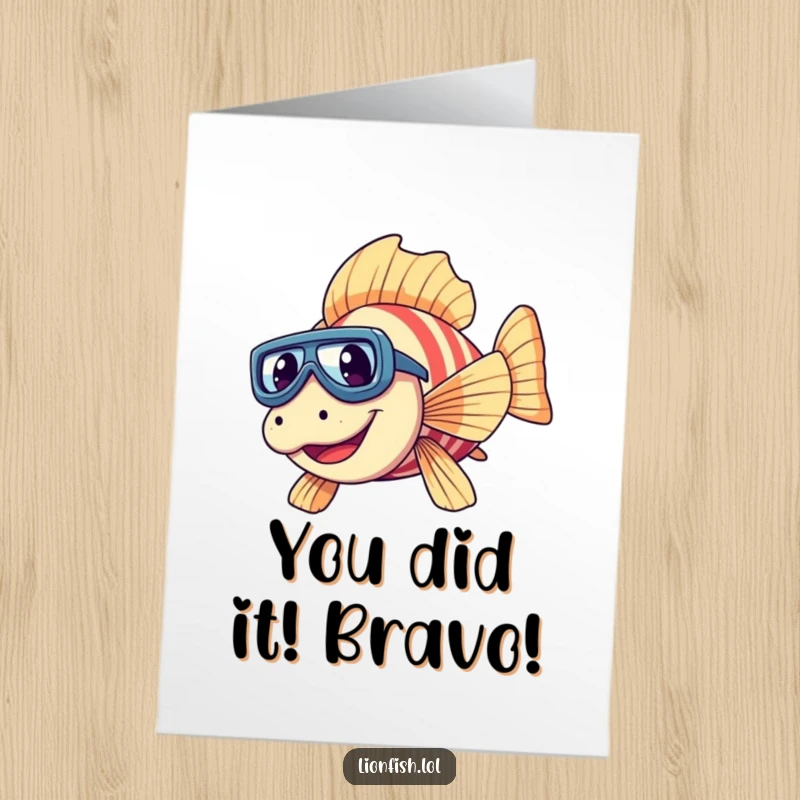 Funny Free Printable Congratulations Card: A giggling lionfish in tiny goggles makes a triumphant dive to celebrate achievements.