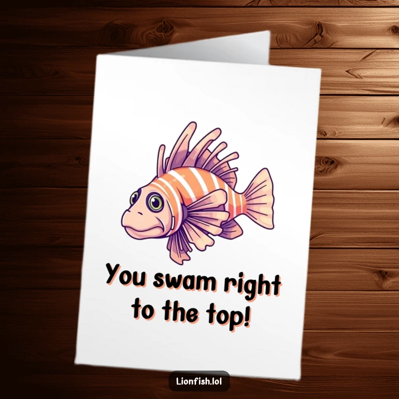 Funny free printable congratulations card showing a determined lionfish elegantly gliding through water, celebrating success with poise.