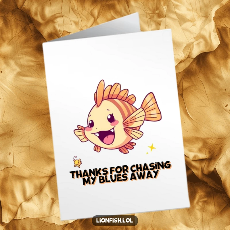 Funny free printable thank you card: a cheerful lionfish excitedly chasing a tiny twinkling speck, offering thanks with vibrant energy.