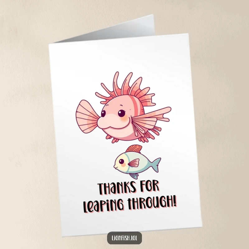 Funny Free Printable Thank You Card: A cheerful lionfish joyfully leaping over a smaller fish, conveying thanks with energy.