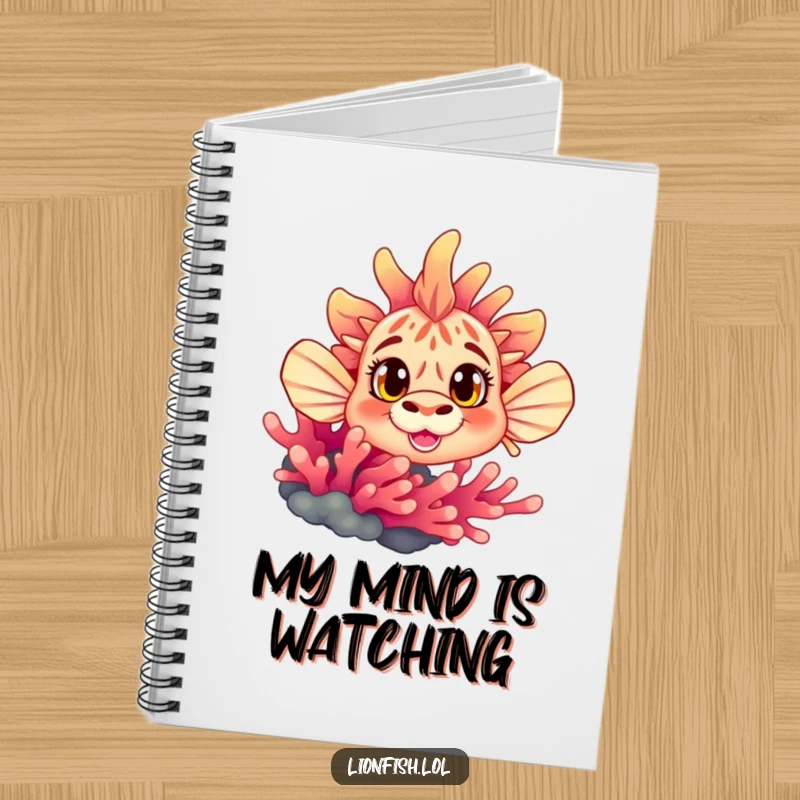 Funny curious lionfish notebook, featuring wide eyes peeking from behind coral, ideal for journaling and note-taking with a humorous underwater theme.