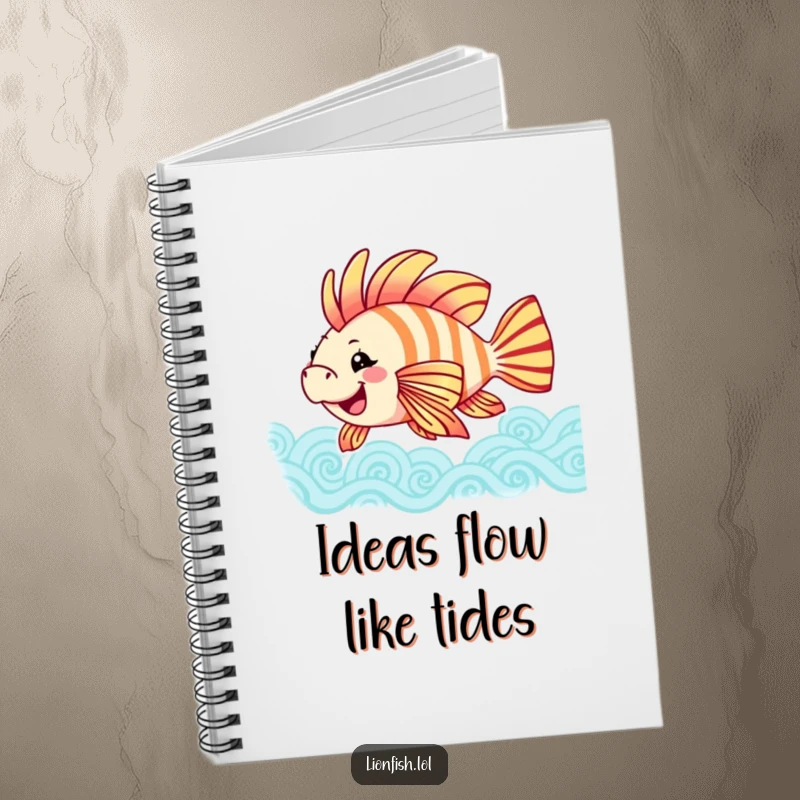 Funny joyful lionfish notebook with a happy fish swaying colorful fins in patterned waves, perfect for jotting down ideas with cheer.