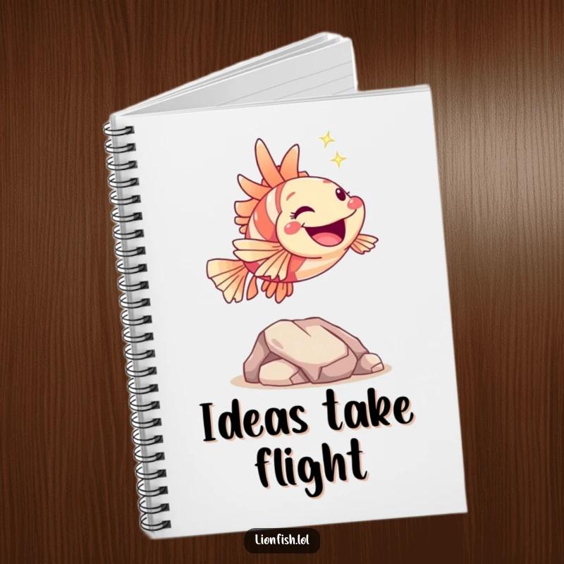 Funny hopping lionfish notebook, featuring a joyful character leaping over a rock with a sparkle, ideal for journaling with a humorous ocean theme.