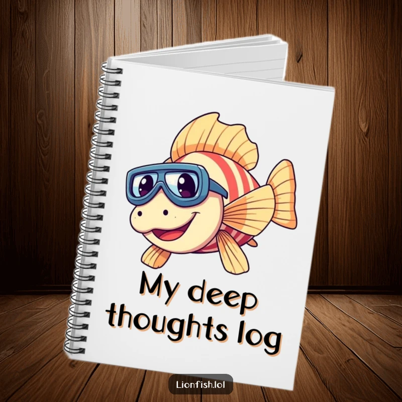 Funny giggling lionfish notebook with tiny goggles, diving with glee, ideal for capturing notes and humorous underwater thoughts.