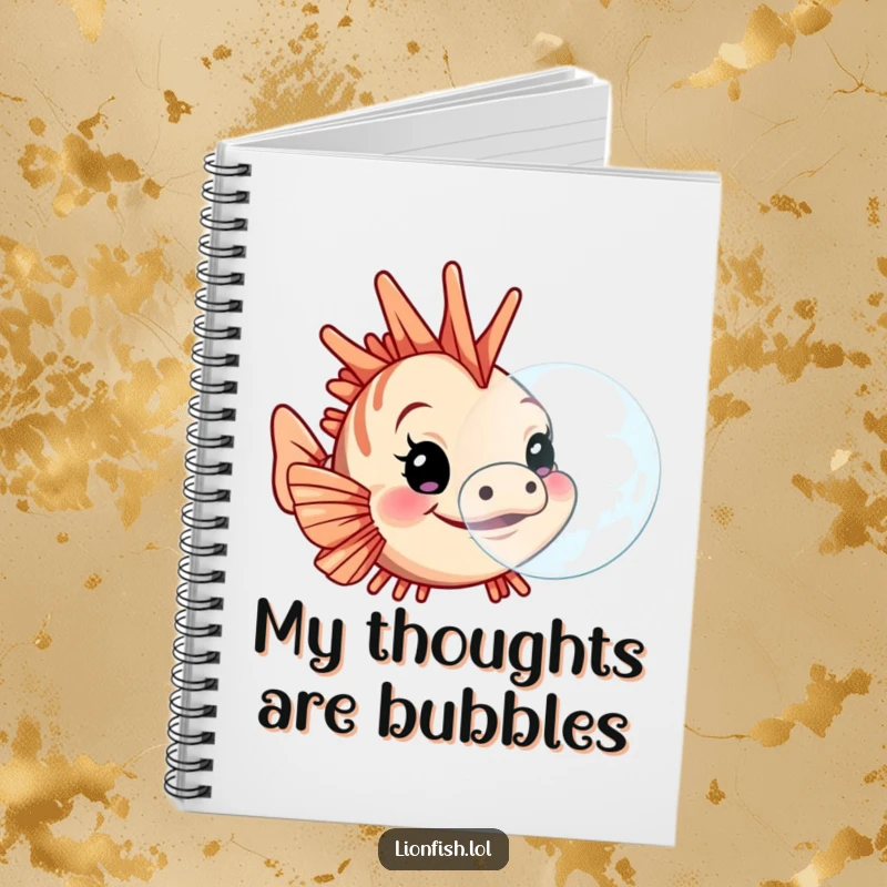 Funny lionfish notebook, featuring a determined character blowing a large bubble, ideal for journaling and note-taking with a humorous ocean theme.