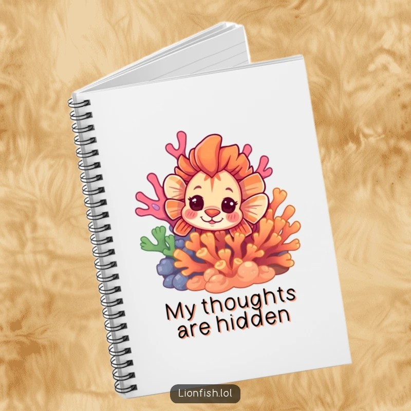 Funny curious lionfish notebook with a fish peeking from vibrant coral, perfect for jotting down thoughts with playful mystery.