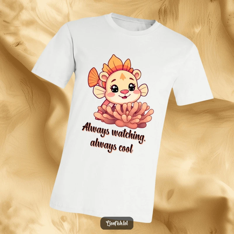 Funny lionfish t-shirt featuring a curious lionfish peeking its head from behind brightly colored coral reef.
