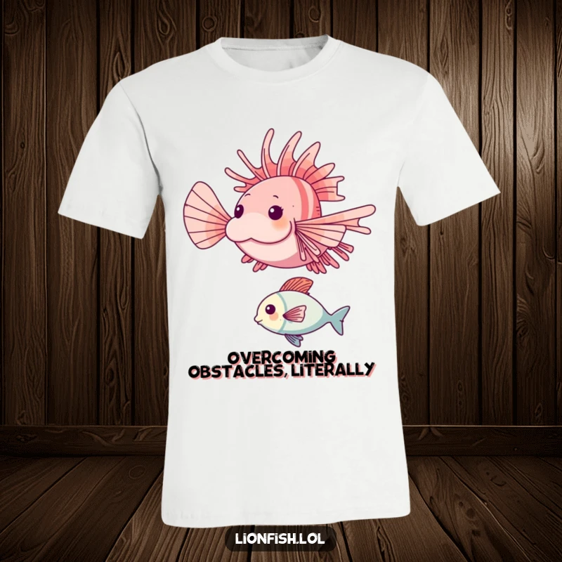 Funny lionfish t-shirt featuring a happy lionfish soaring over a smaller fish in a dynamic underwater leap.