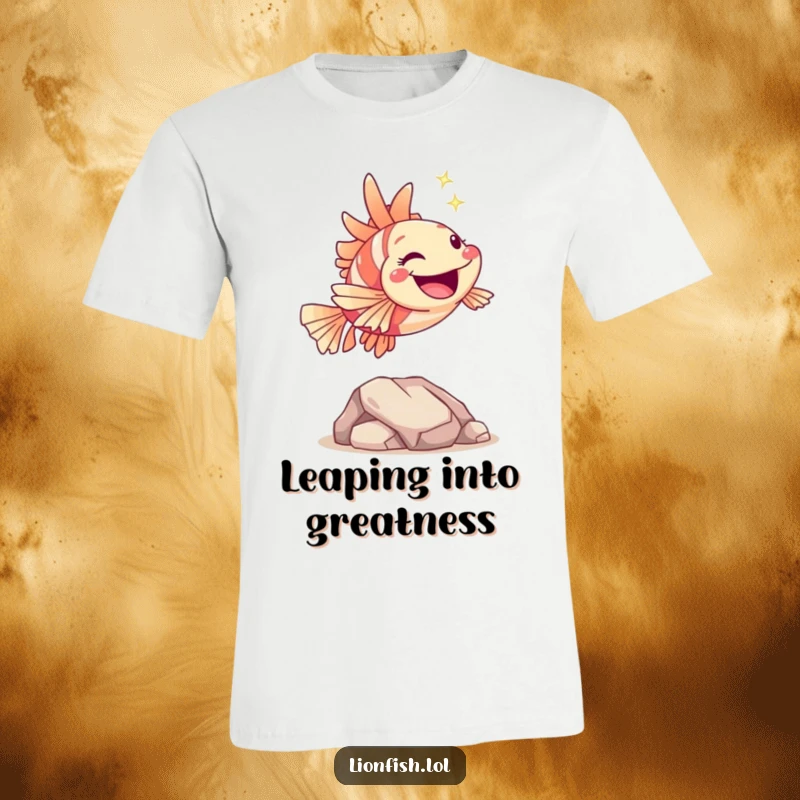 Funny hopping lionfish t-shirt, depicted joyfully leaping over a rock with a sparkle, offering a humorous and dynamic design for active wear.