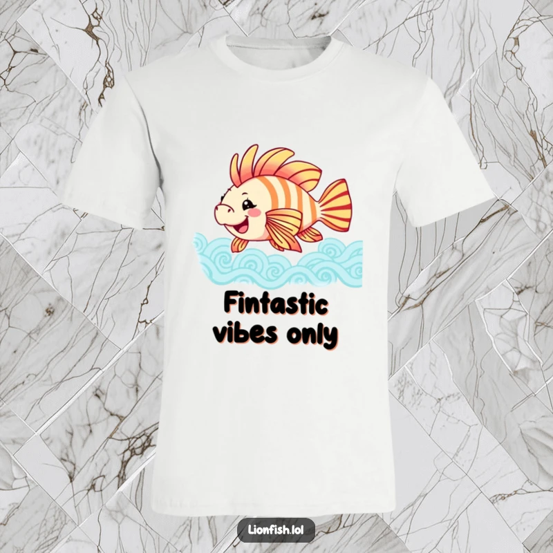 Funny joyful lionfish t-shirt showing colorful fins swaying in patterned waves, capturing a moment of underwater bliss and playful energy.