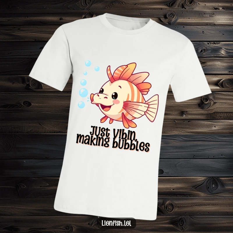Funny lionfish t-shirt showcasing a happy lionfish gleefully blowing big, transparent bubbles in a vibrant underwater scene.