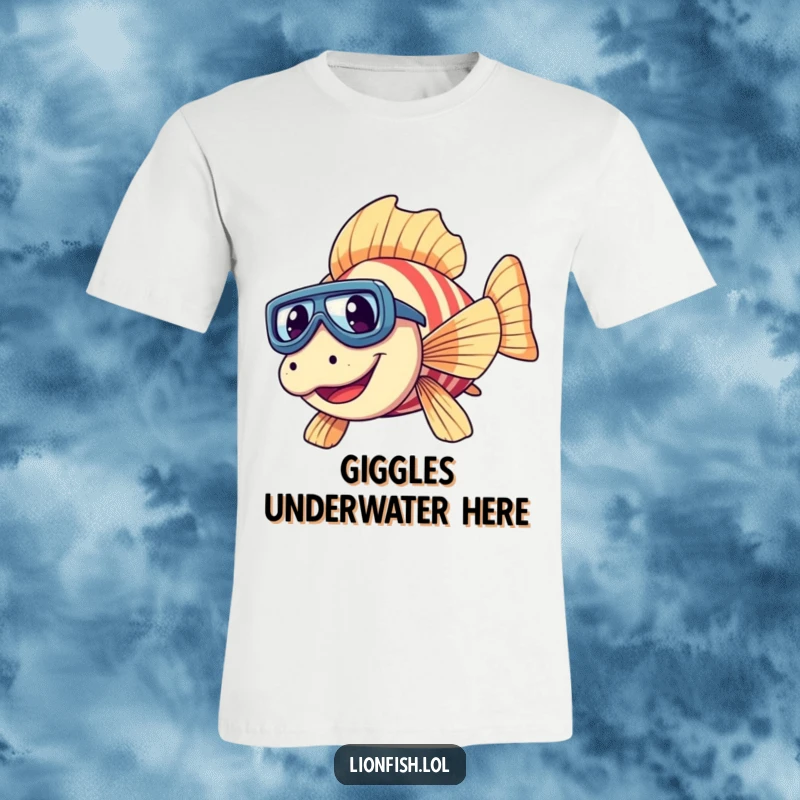 Funny giggling lionfish t-shirt with tiny goggles, enthusiastically diving downwards, embodying playful underwater exploration.