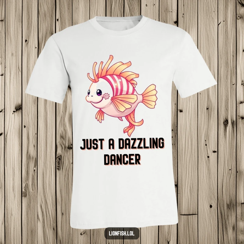 Funny lionfish t-shirt featuring a shimmering lionfish captured in a graceful, elegant twirl underwater.