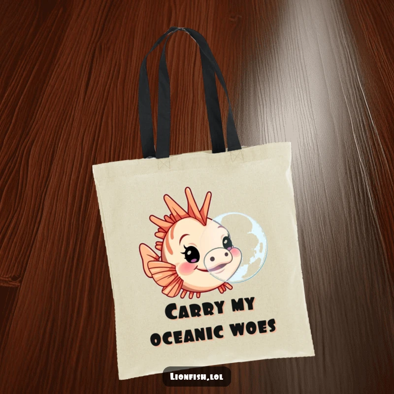 Funny lionfish tote bag, shown determinedly blowing a large bubble, a humorous and practical accessory for carrying daily essentials.