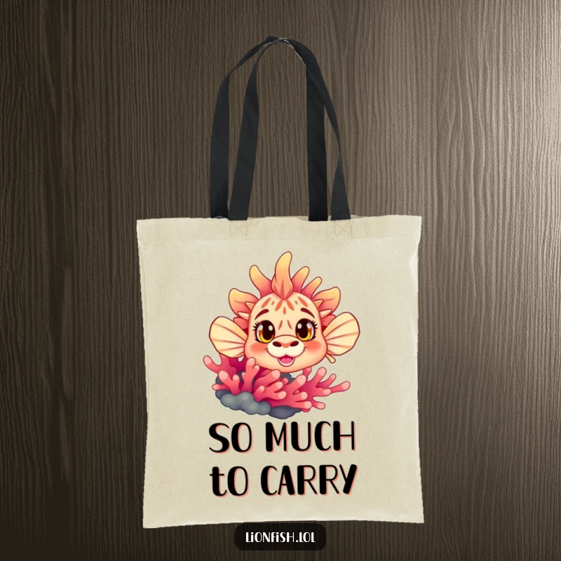 Funny curious lionfish tote bag, shown peeking with wide eyes from behind vibrant coral, a humorous and practical accessory for daily use.