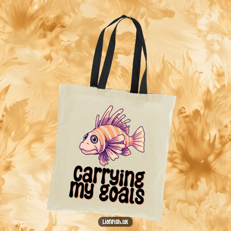 Funny determined lionfish tote bag, with a fish elegantly gliding through clear blue water, ideal for carrying items with purpose.