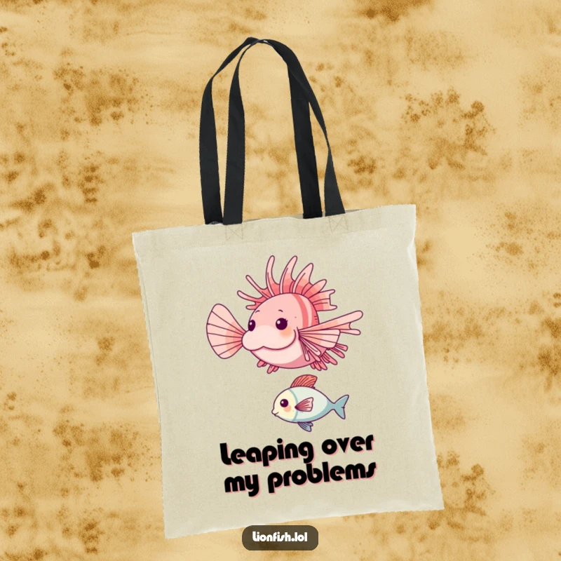 Funny lionfish tote bag featuring a happy lionfish captured mid-leap over a smaller fish in an underwater scene.
