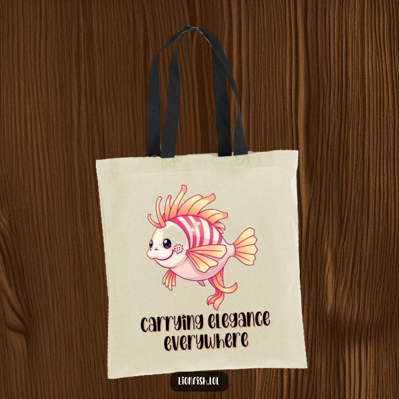 Funny lionfish tote bag featuring a shimmering lionfish captured in a fluid, graceful twirl underwater.