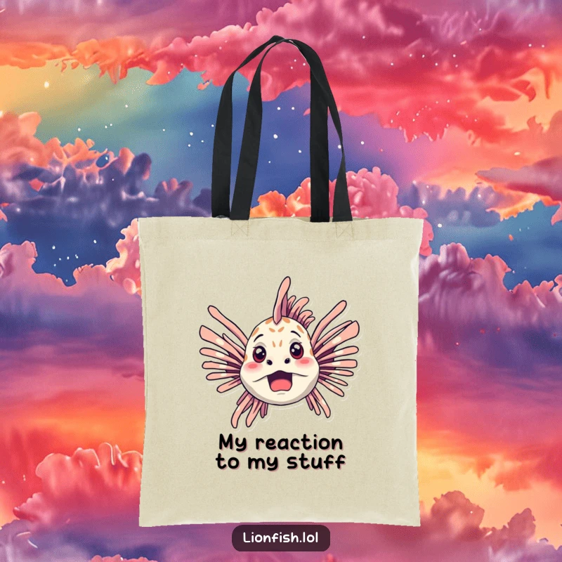 Funny lionfish tote bag featuring a startled lionfish with its fins spread wide in a humorous, defensive posture.
