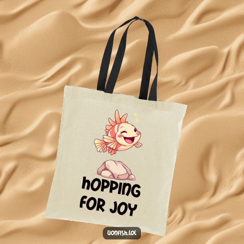 Funny hopping lionfish tote bag, shown joyfully leaping over a rock with a sparkle, a humorous and practical accessory for daily use.