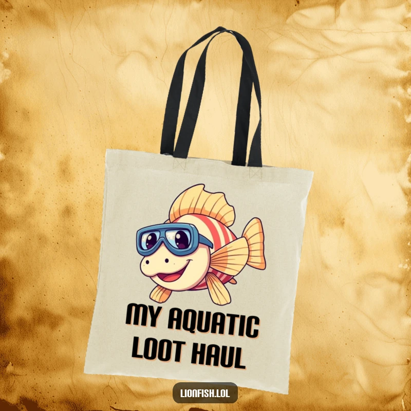 Funny lionfish tote bag with tiny goggles, giggling divers, showcasing a humorous and practical carry-all for ocean lovers.