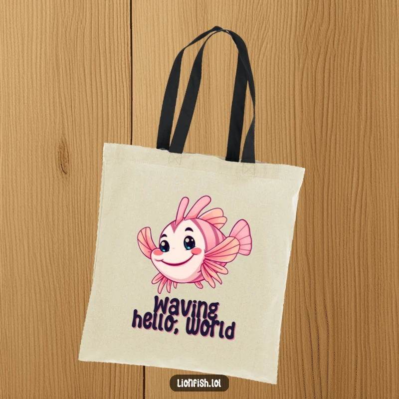 Funny wobbly lionfish tote bag, shown with a friendly grin, waving a fin, a humorous and practical accessory for daily use.
